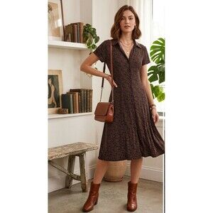 Van Heusen Office Work  Casual Dress Brown Tan Burgundy Size 10 Short Sleeve